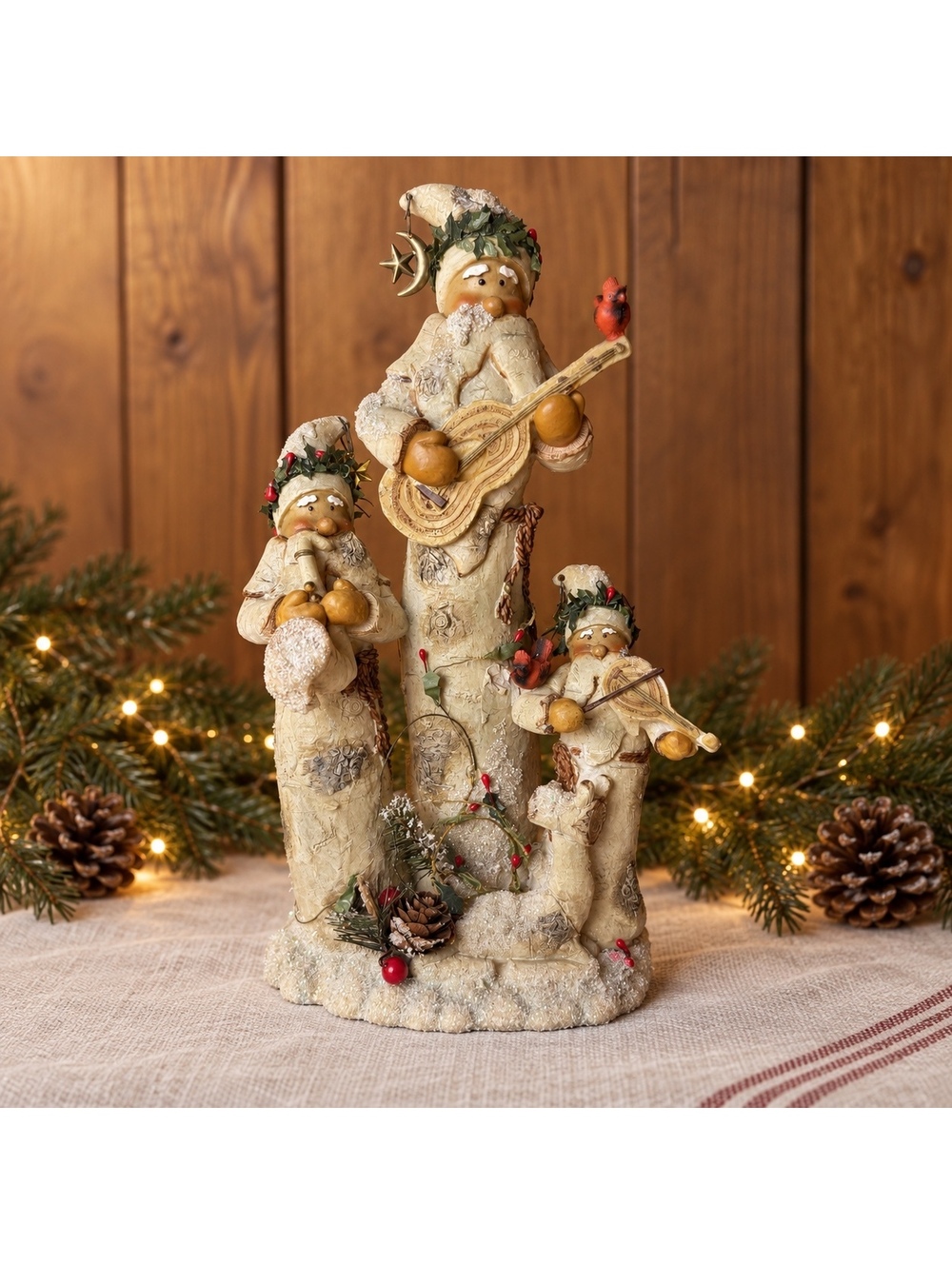 Vintage Santa Musicians Figurine Christmas Folk Art Cardinal 11.5 Inch